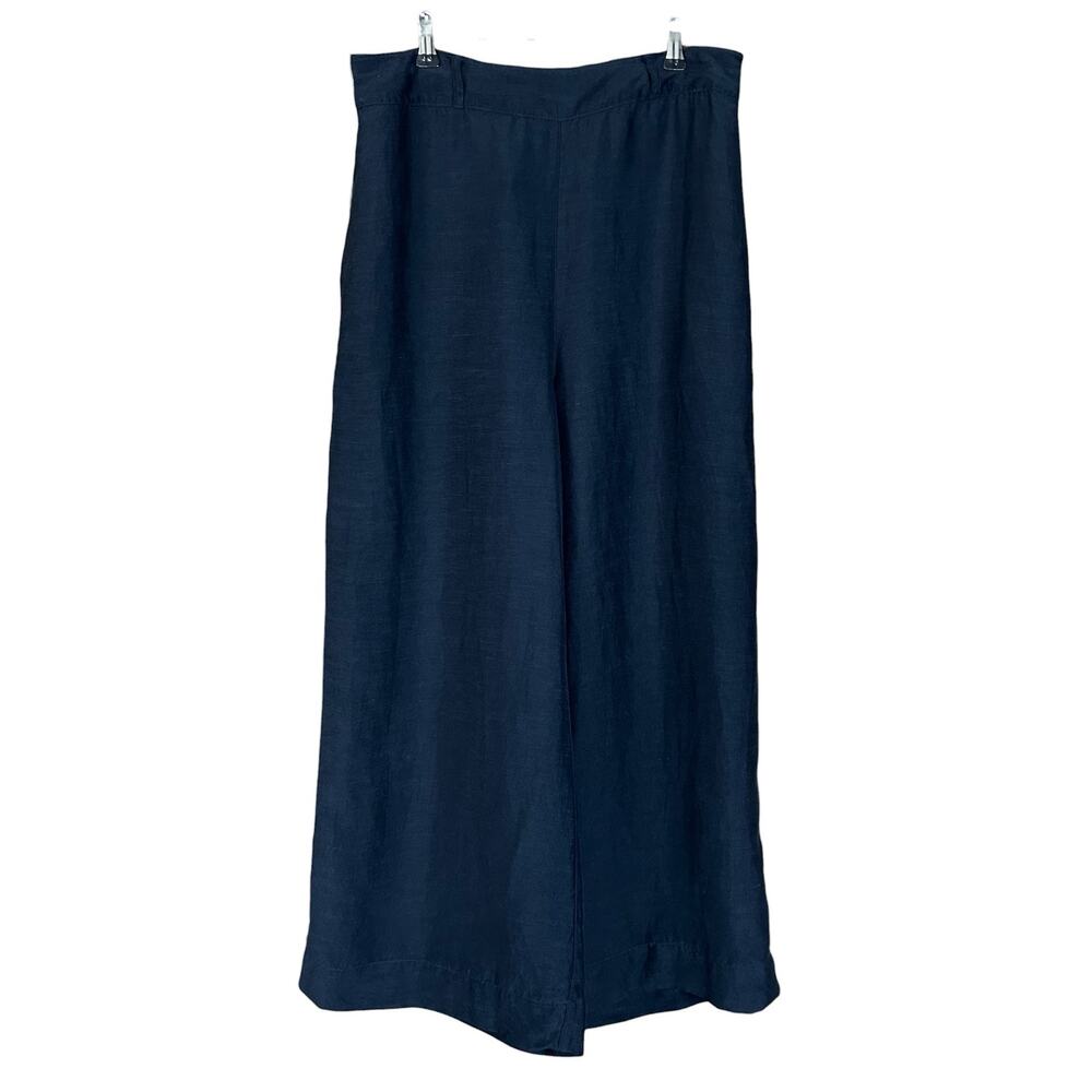 Halston Palazzo Pants Women Size L Black Linen Blend Flowy Minimalist Wide Leg